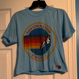 Aviator Nation Light Blue Tee with Rainbow Graphic
